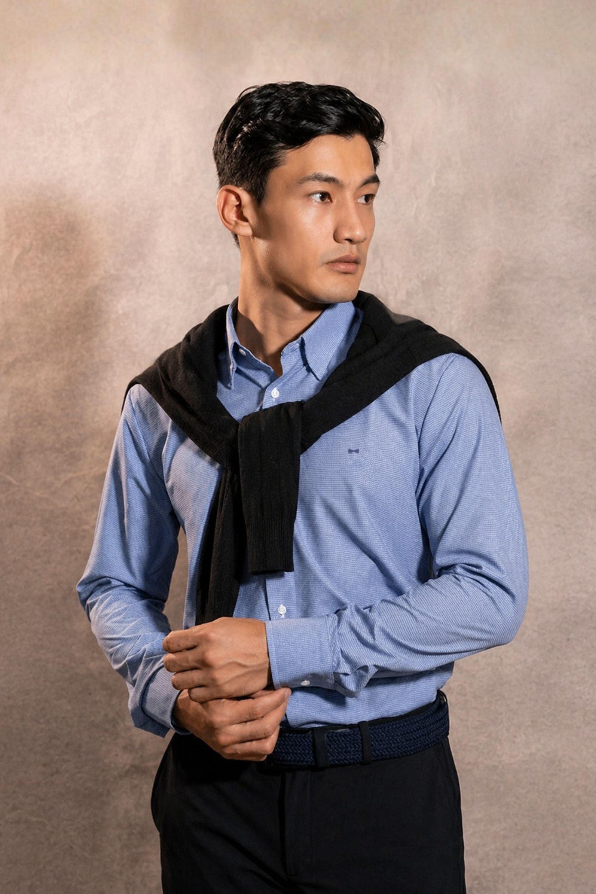 Camisa Performance Antiarrugas Cuadros Textura Azul Oscuro
