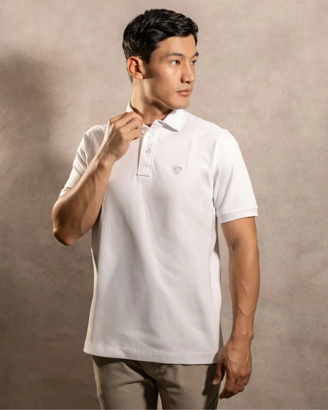 Polo Antimanchas Cuello Rígido Blanca marca DANTE tallaje regular fit foto