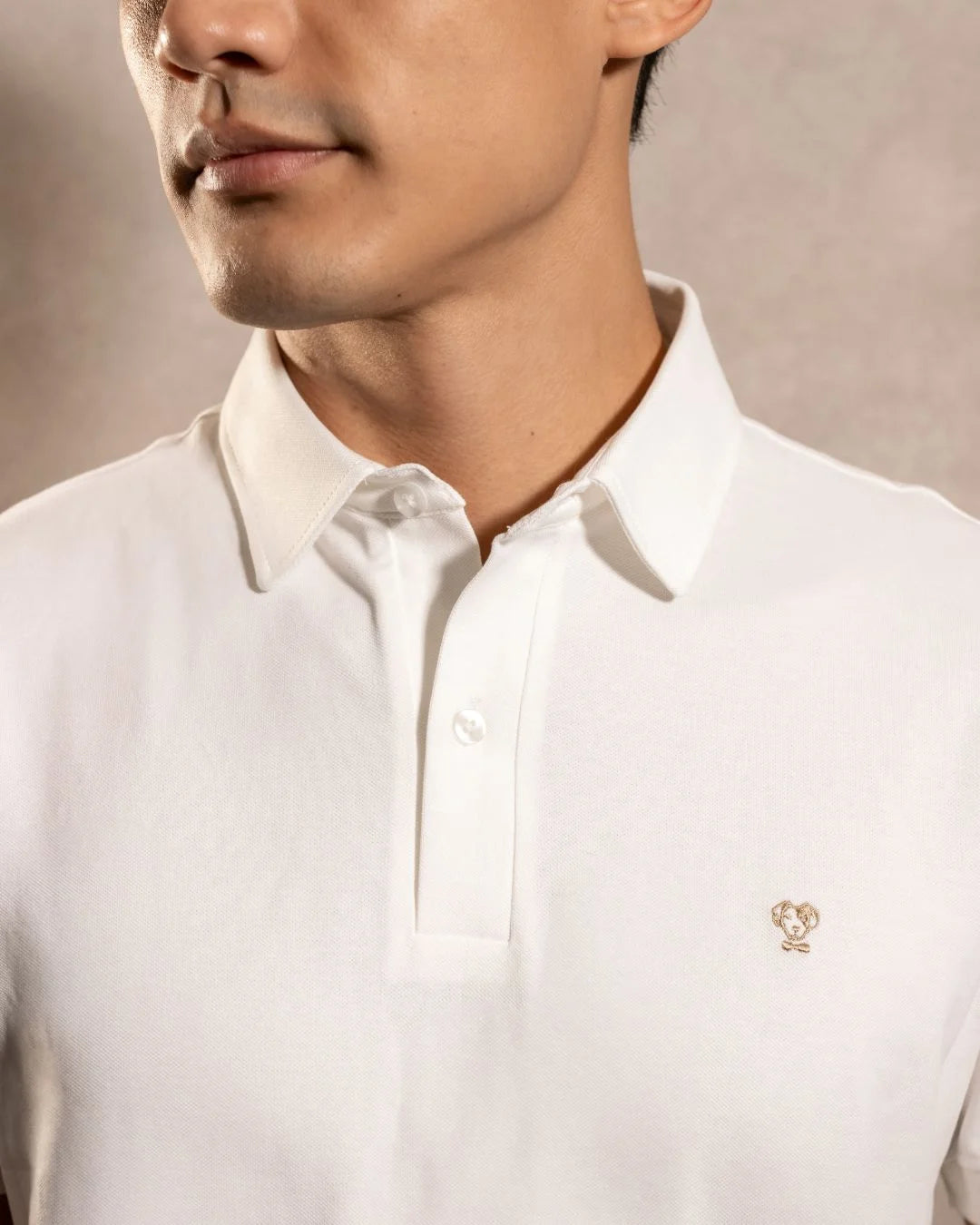 Polo Antimanchas Cuello Rígido Ivory marca DANTE tallaje regular fit foto
modelo logo