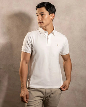 Polo Antimanchas Cuello Rígido Ivory marca DANTE tallaje regular fit foto
modelo