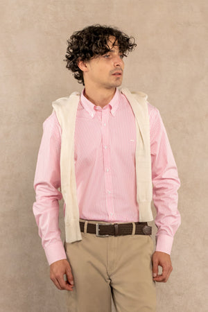 Camisa Antimanchas Popelina Rayas Rosadas Logo Combinado