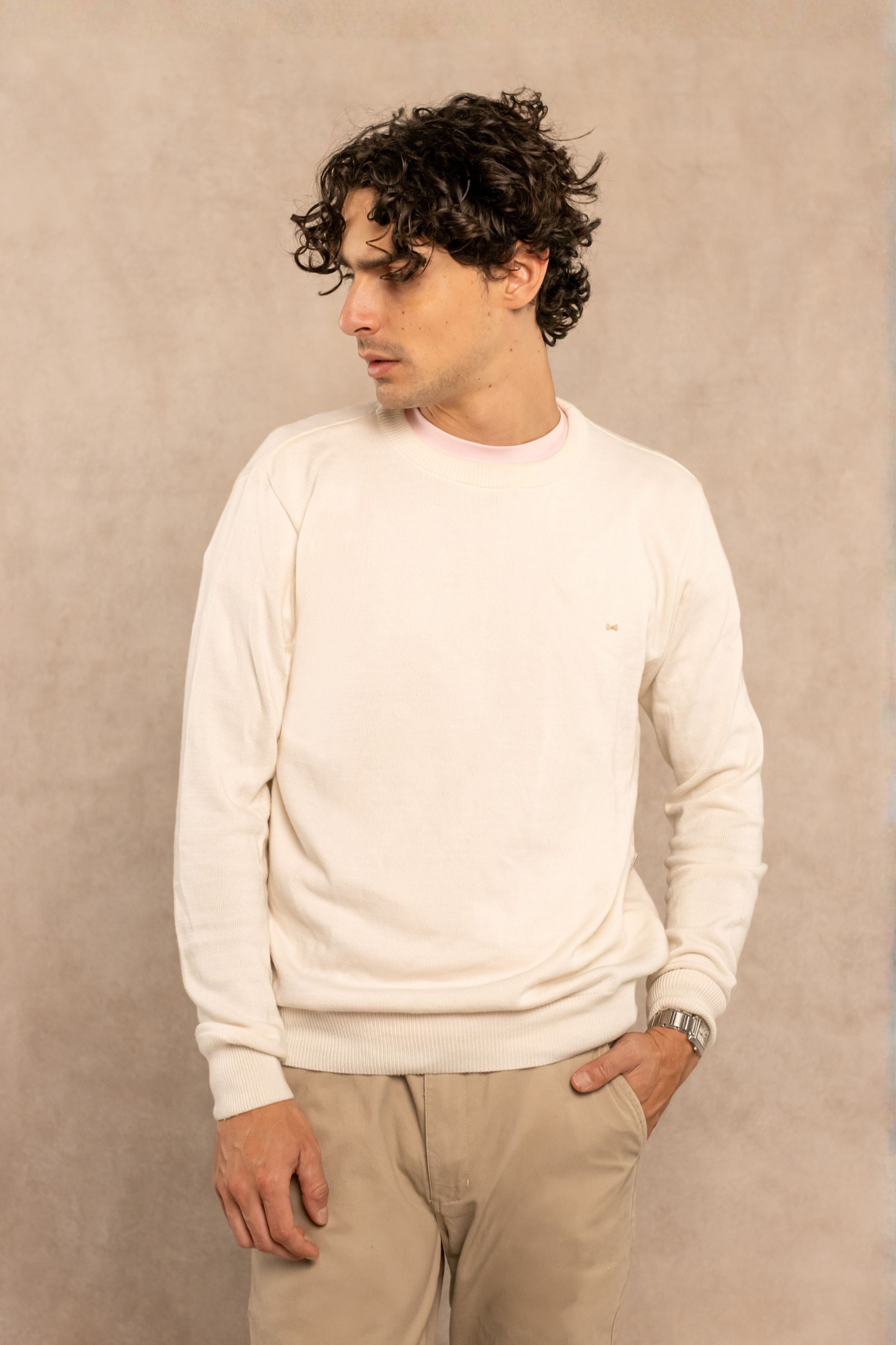 Sueter Algodon Peinado Cuello Redondo Marfil