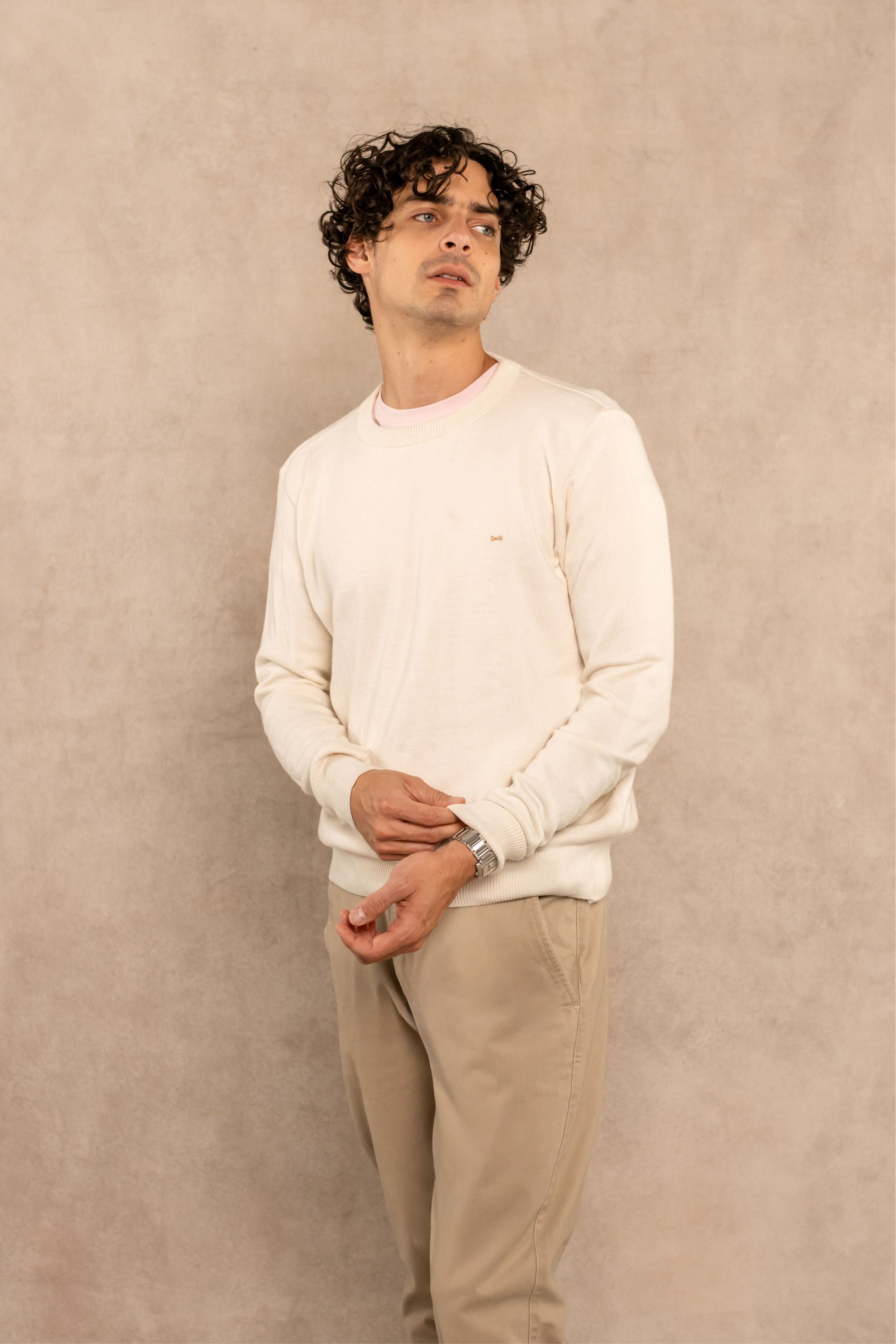 Sueter Algodon Peinado Cuello Redondo Marfil