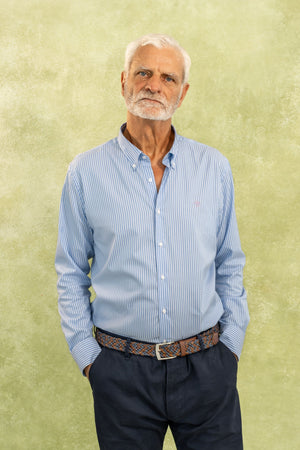 Camisa Antimanchas Oxford Rayas Azul Princeton Logo Rosado