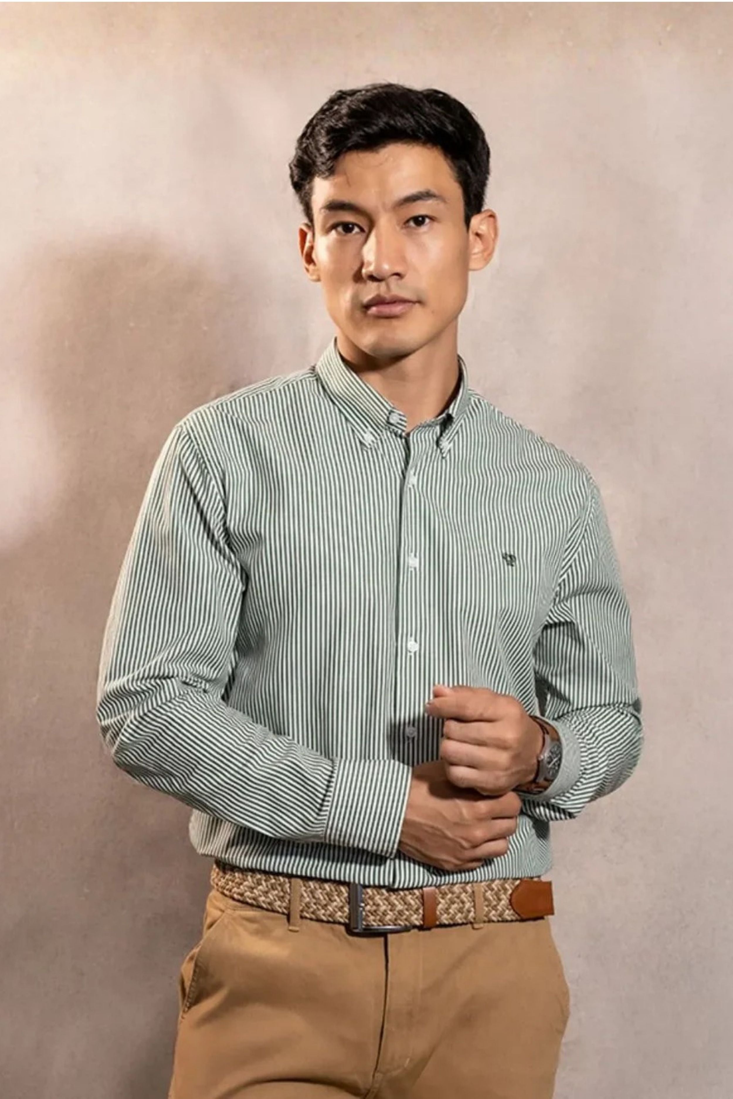 Camisa Antimanchas Popelina Rayas Verde Oscuro Logo Combinado