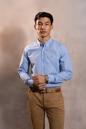 Camisa Antimanchas Popelina Cuadros Azul Claro Logo Combinado