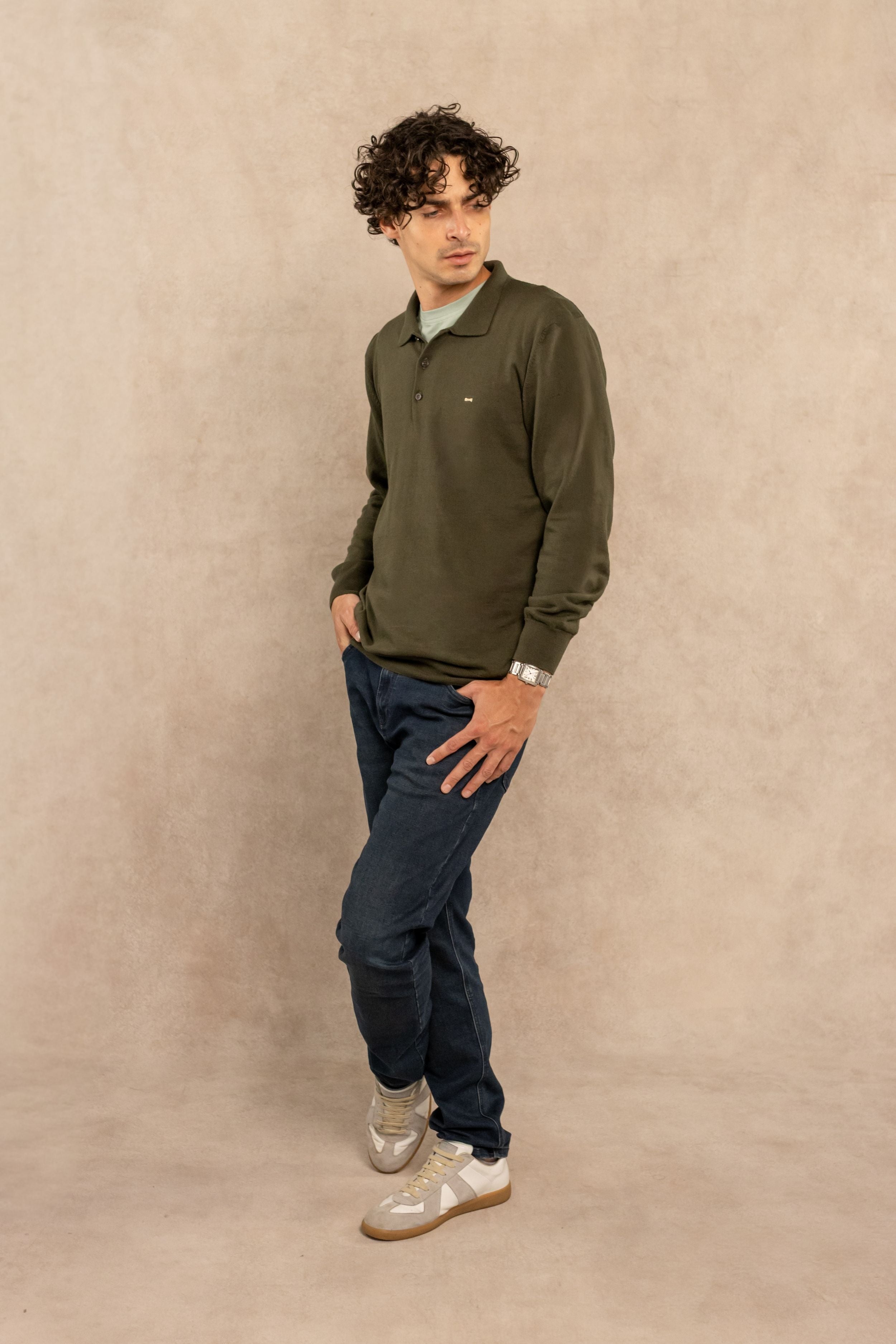Polo Tejido Manga Larga Verde Militar