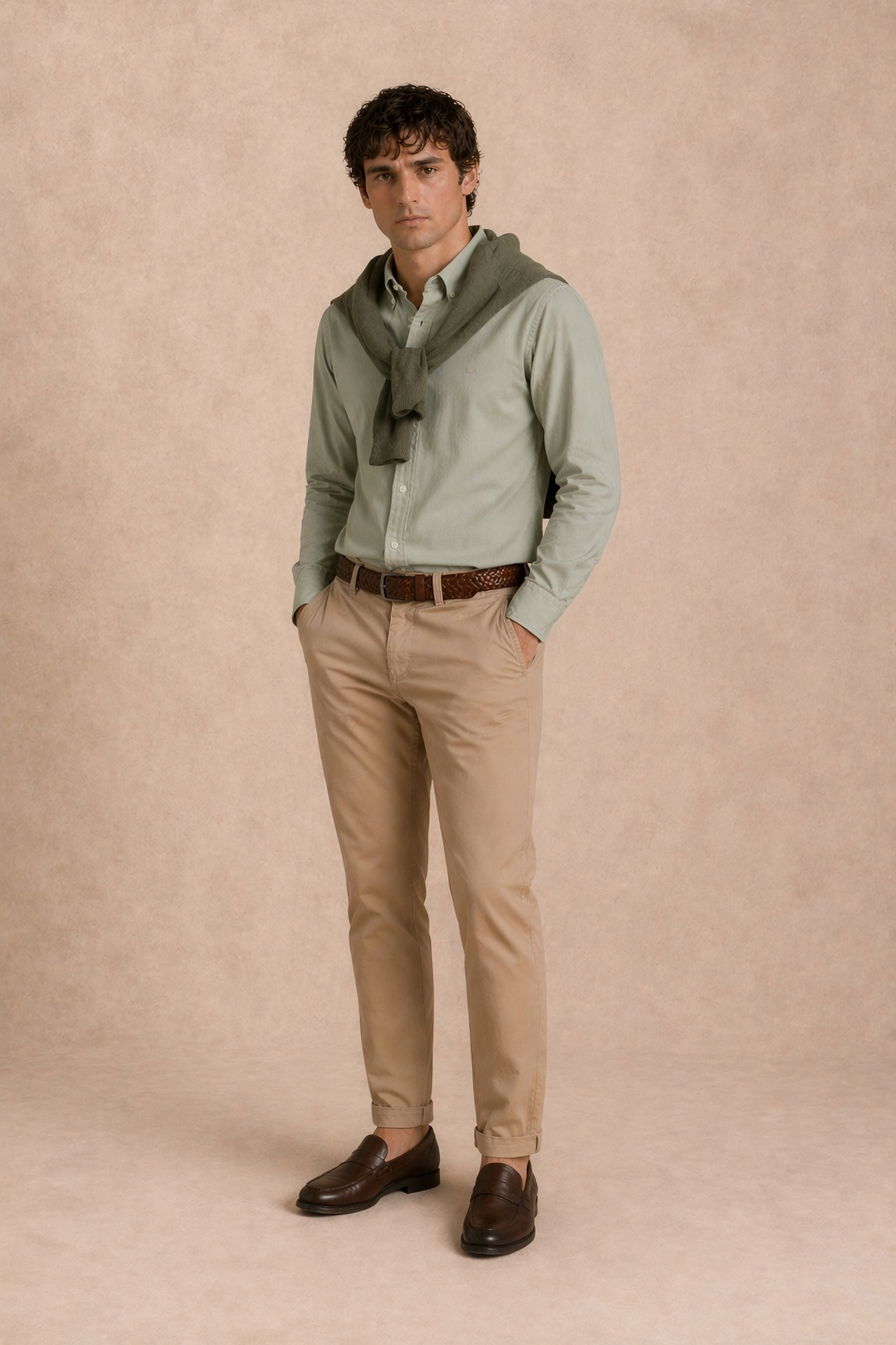 Camisa Antimanchas Oxford Verde Sage Logo Contraste - Talla Regular