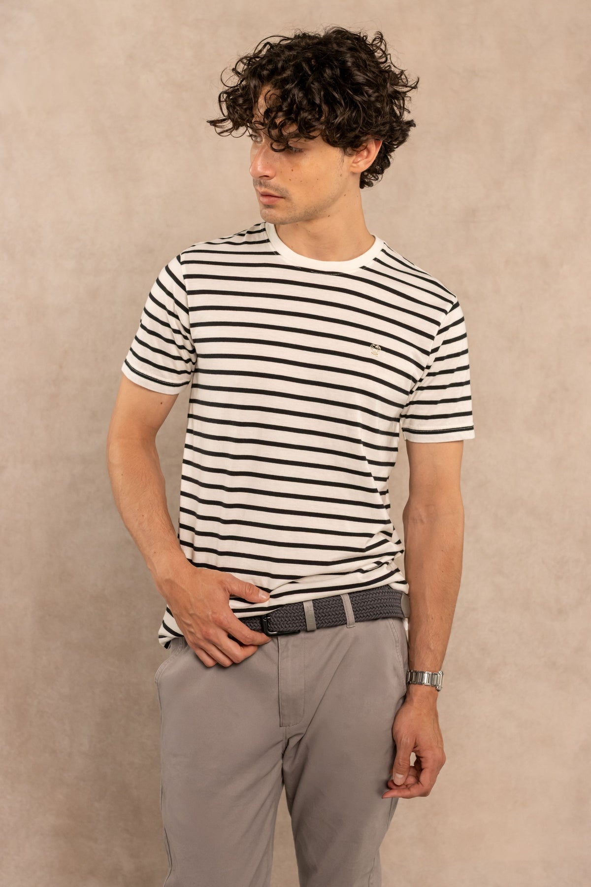 Camiseta antimanchas rayas bretón para hombre DANTE, detalle de la tela