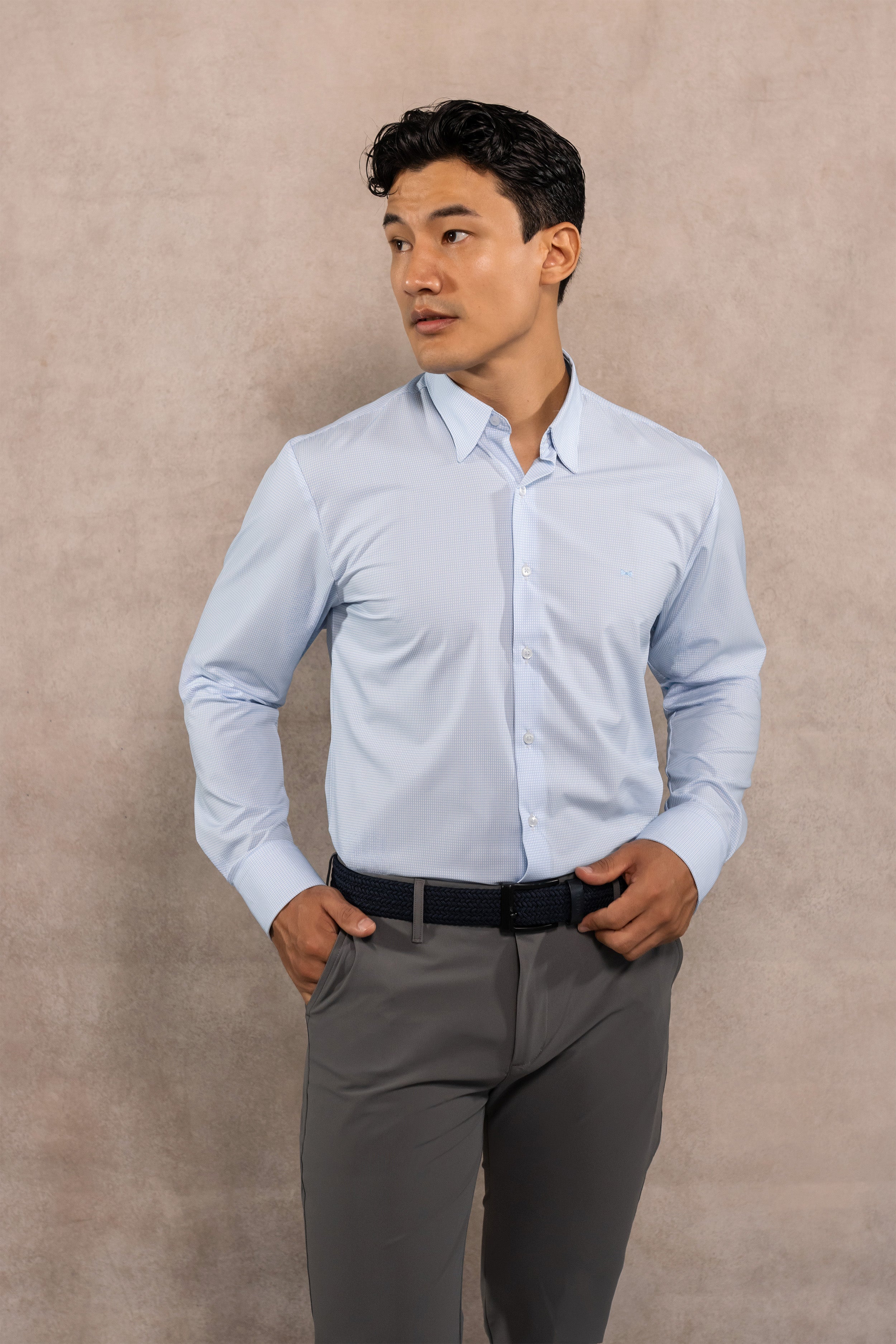 Camisa performance antiarrugas cuadros textura azul claro para hombre marca DANTE regular fit foto principal