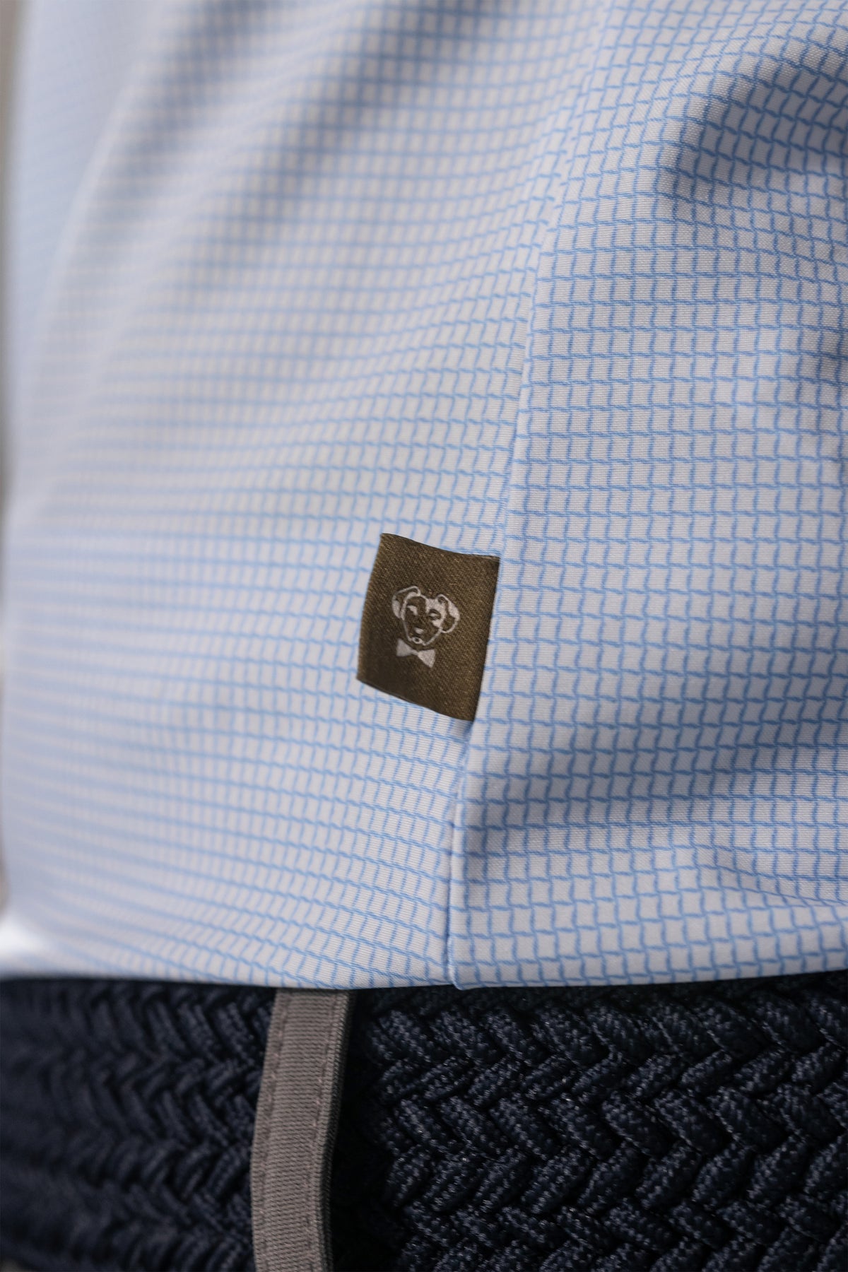 Camisa performance antiarrugas cuadros textura azul claro para hombre marca DANTE regular fit foto detalle logo