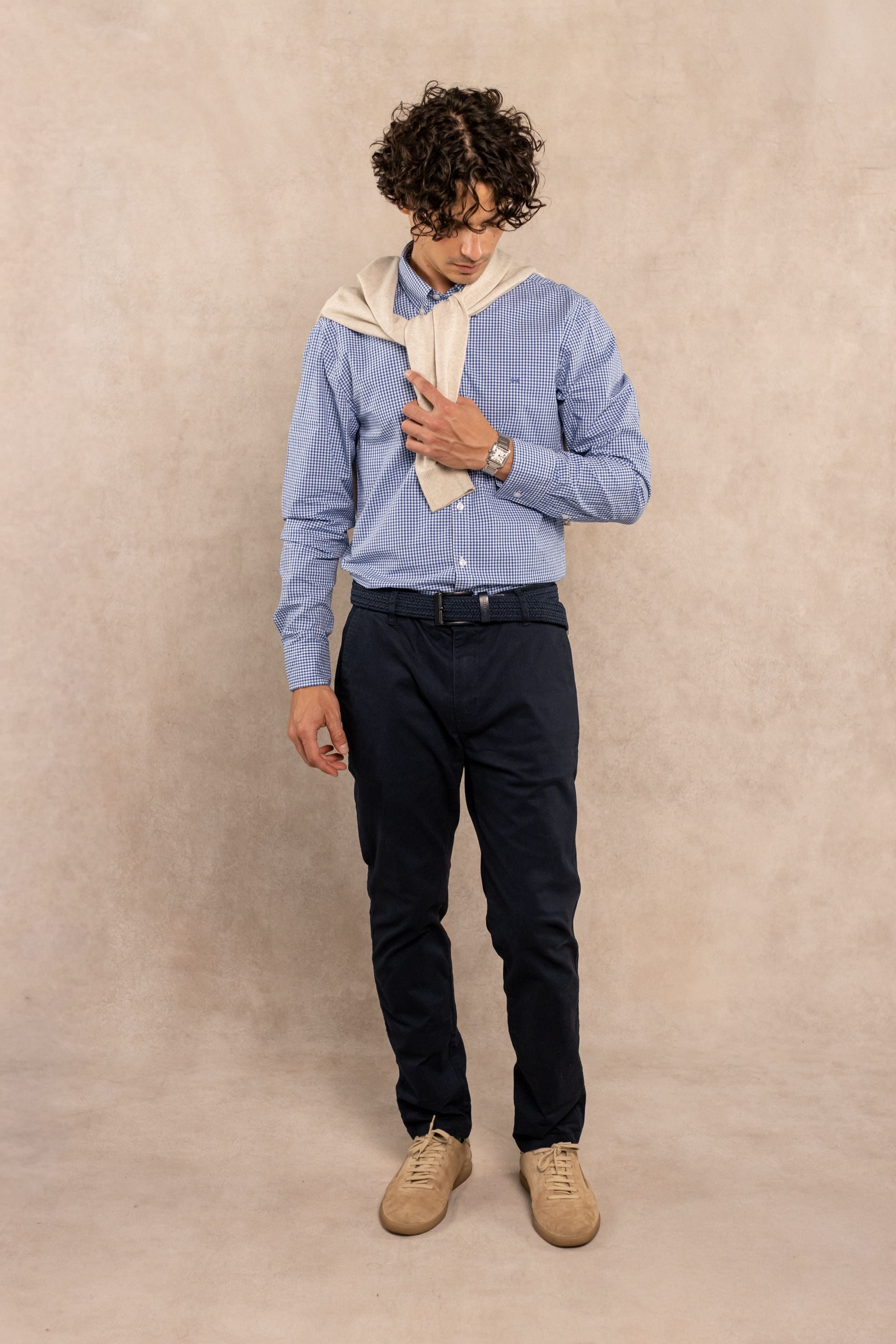 Camisa Antimanchas Popelina Cuadros Azul Oscuro Berna