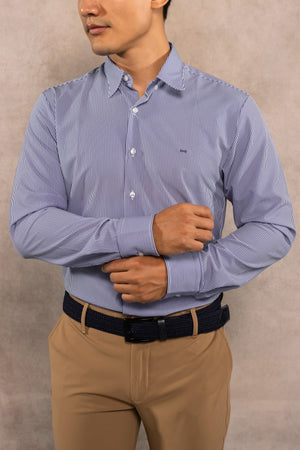 Camisa performance antiarrugas rayas azul oscuro para hombre marca DANTE regular fit foto espalda