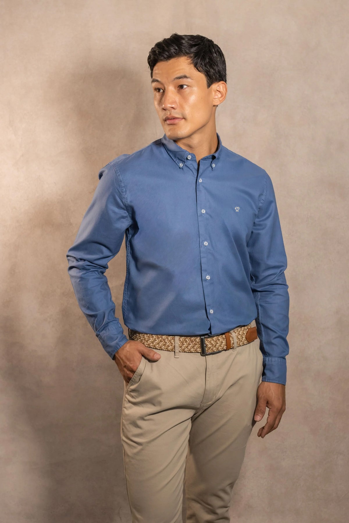 Camisa Oxford Cloth Azul Chino Logo Contraste Bordado Regular Fit