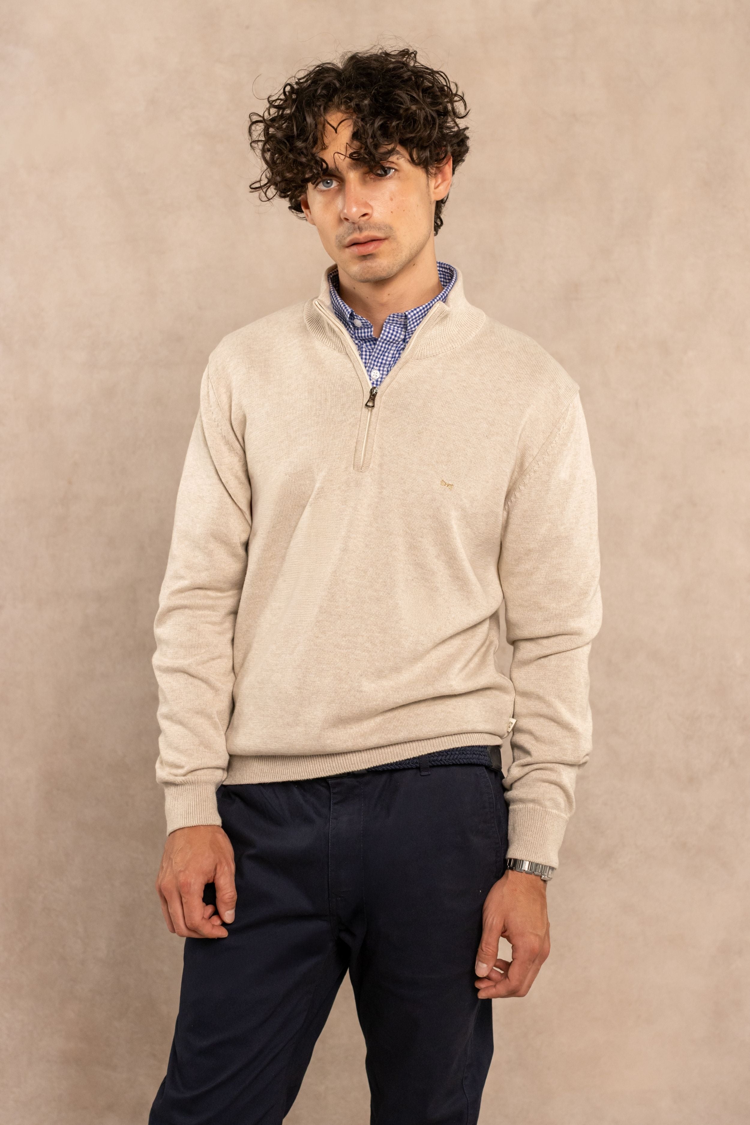 Halfzip Algodón Peinado Antiarrugas Marfil
