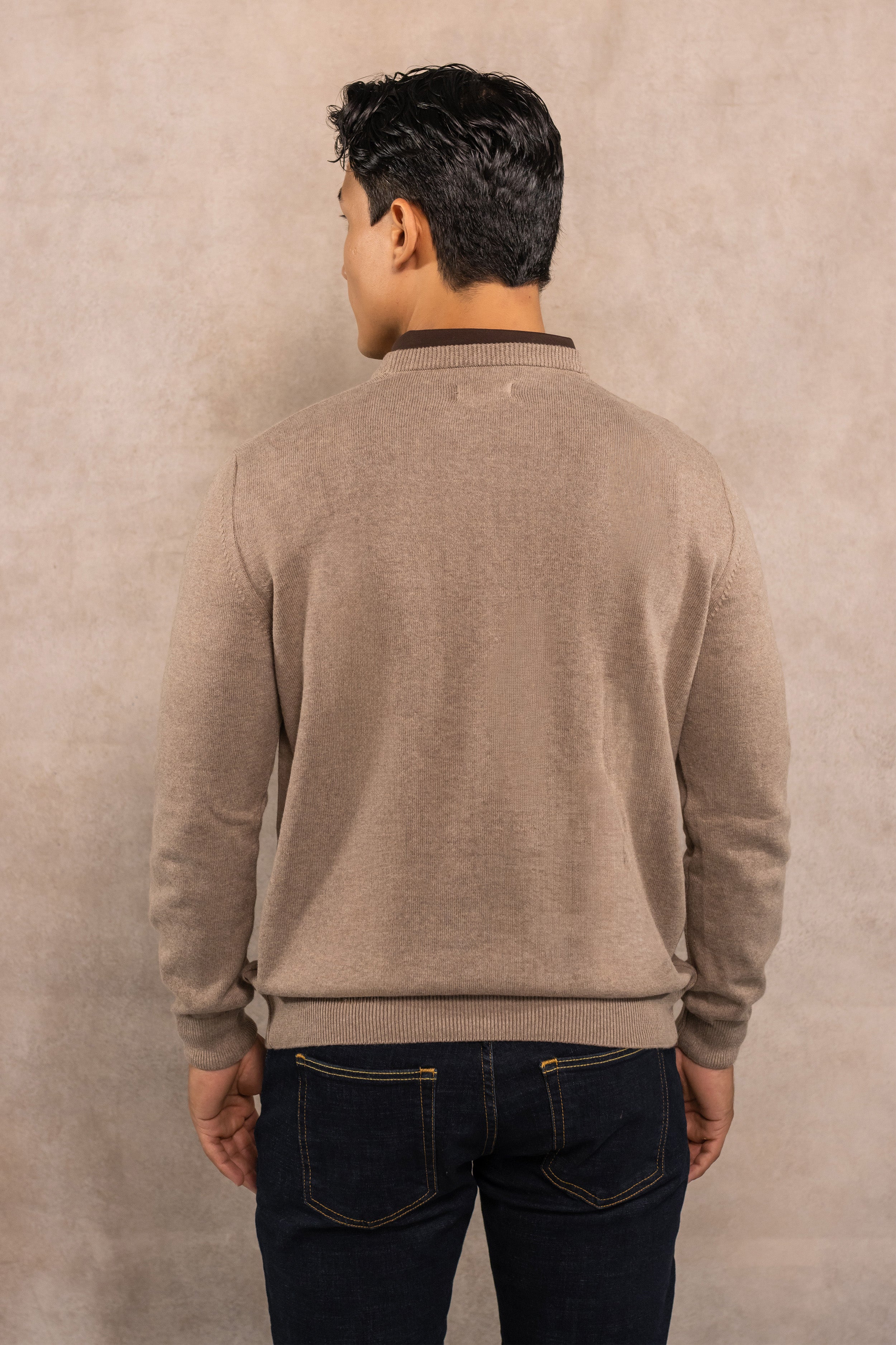 Suéter algodón peinado cuello redondo arena para hombre marca DANTE regular fit foto detalle logo