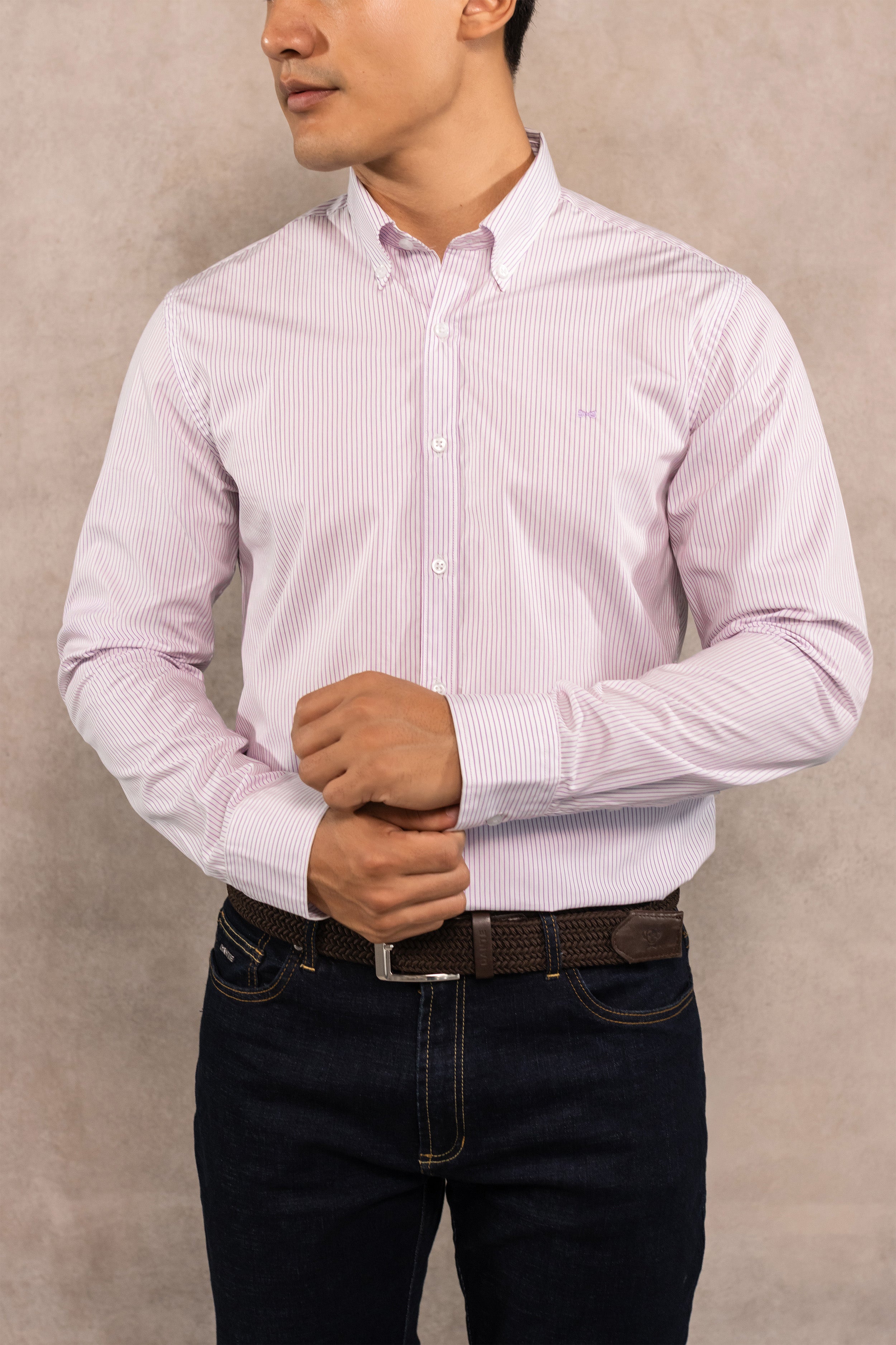 Camisa Antimanchas Popelina Rayas Lilac Logo Contraste