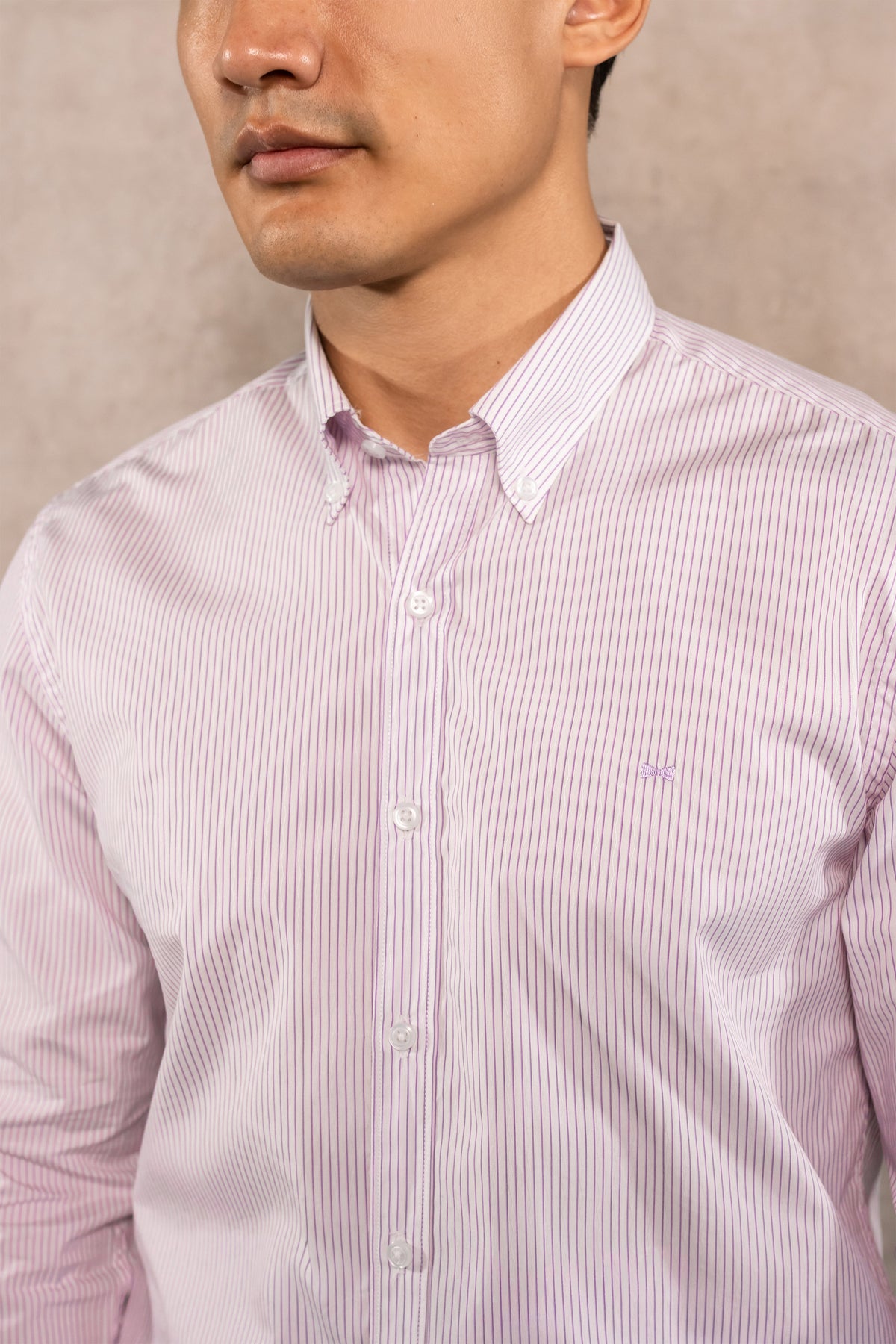 Camisa antimanchas popelina rayas lilac logo contraste para hombre marca DANTE regular fit foto espalda