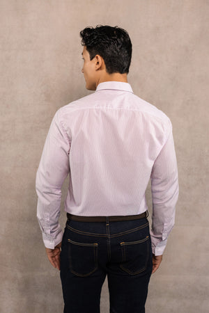 Camisa antimanchas popelina rayas lilac logo contraste para hombre marca DANTE regular fit foto modelo