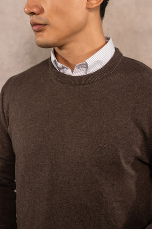Suéter algodón peinado cuello redondo café para hombre marca DANTE regular fit foto frente