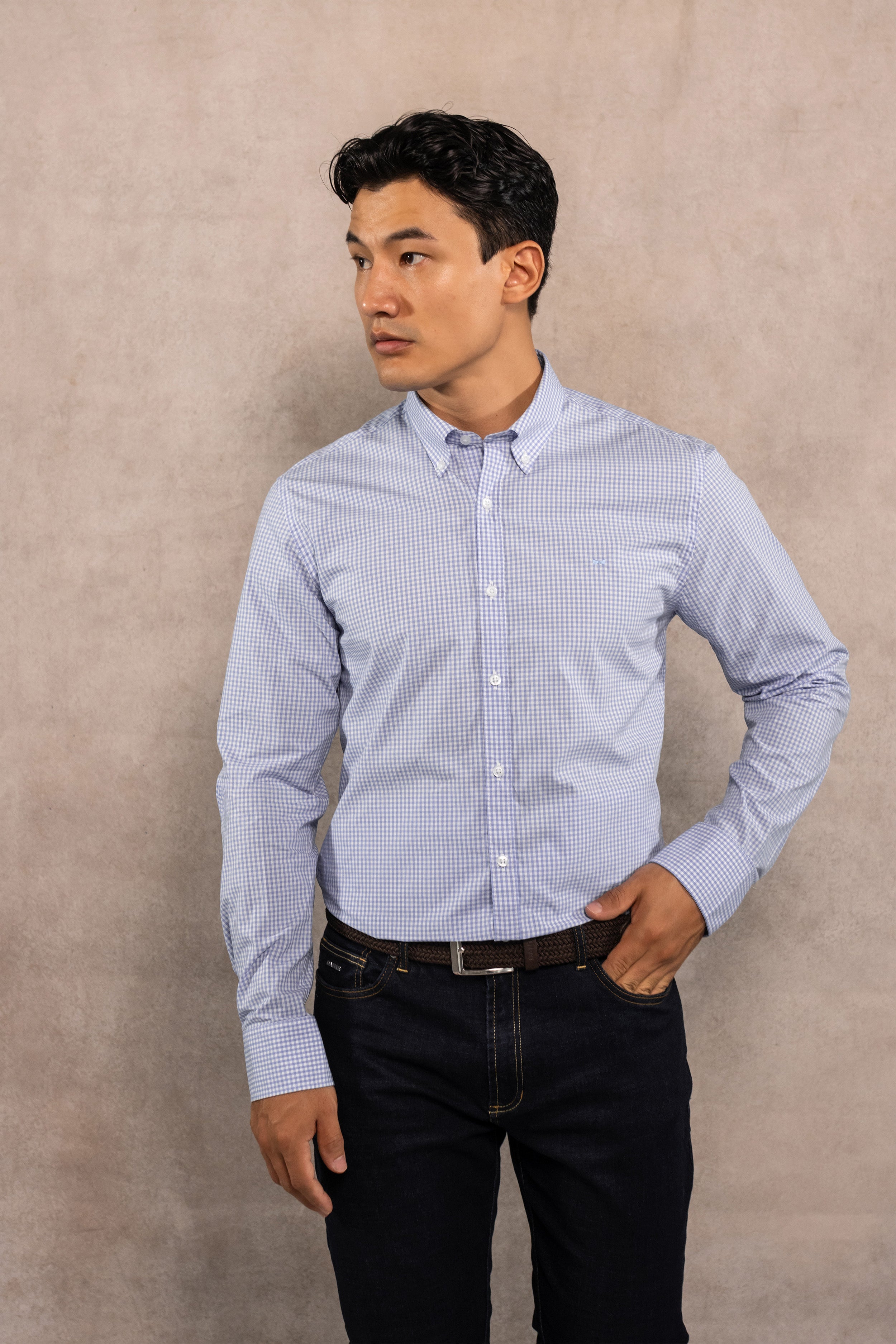 Camisa Antimanchas Popelina Cuadros Azul Claro Logo Combinado