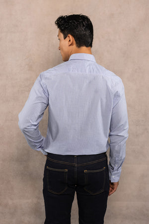 Camisa antimanchas popelina cuadros azul claro logo combinado para hombre marca DANTE regular fit foto detalle logo