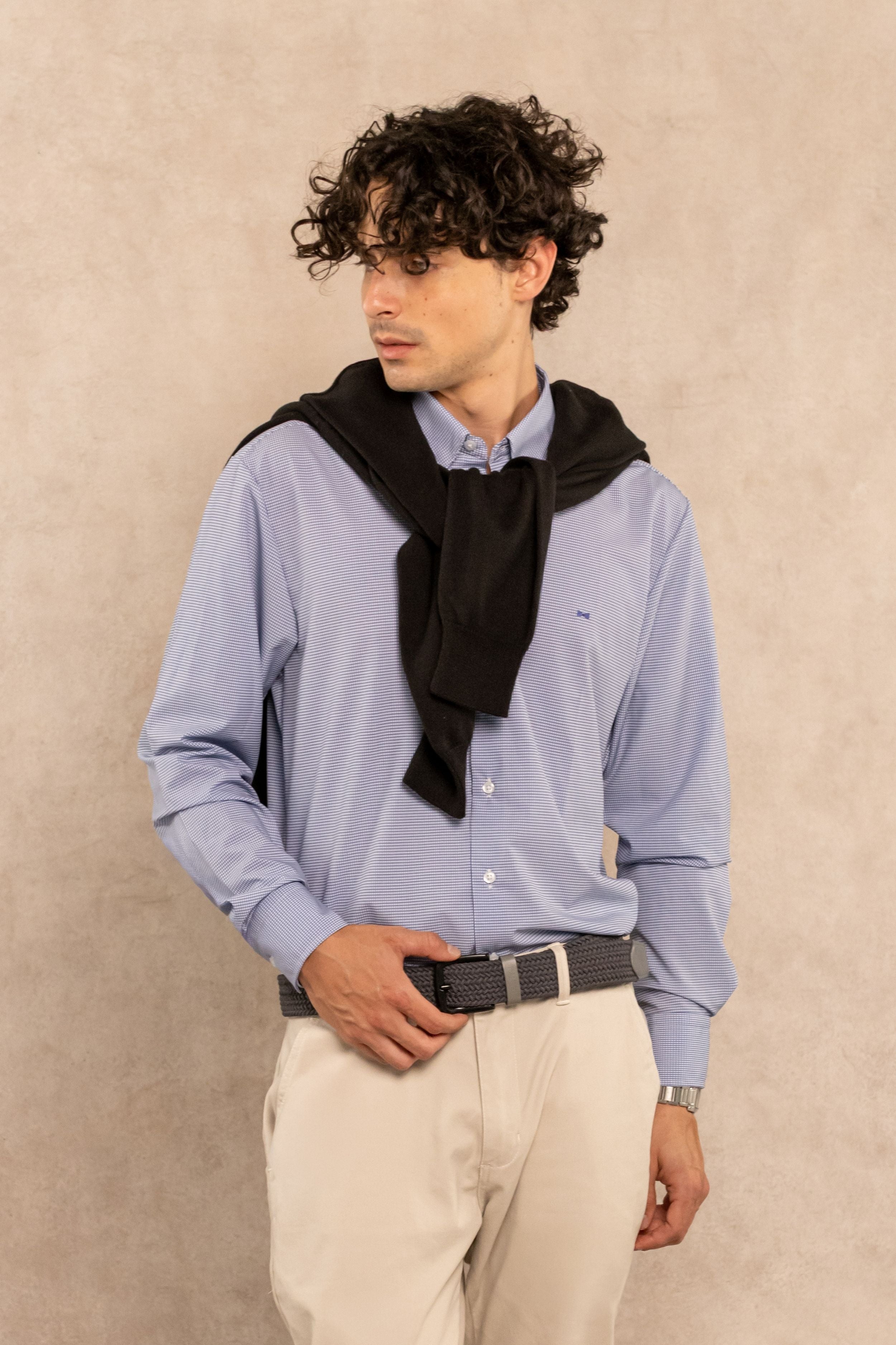 Camisa Performance Antiarrugas Cuadros Textura Azul Oscuro