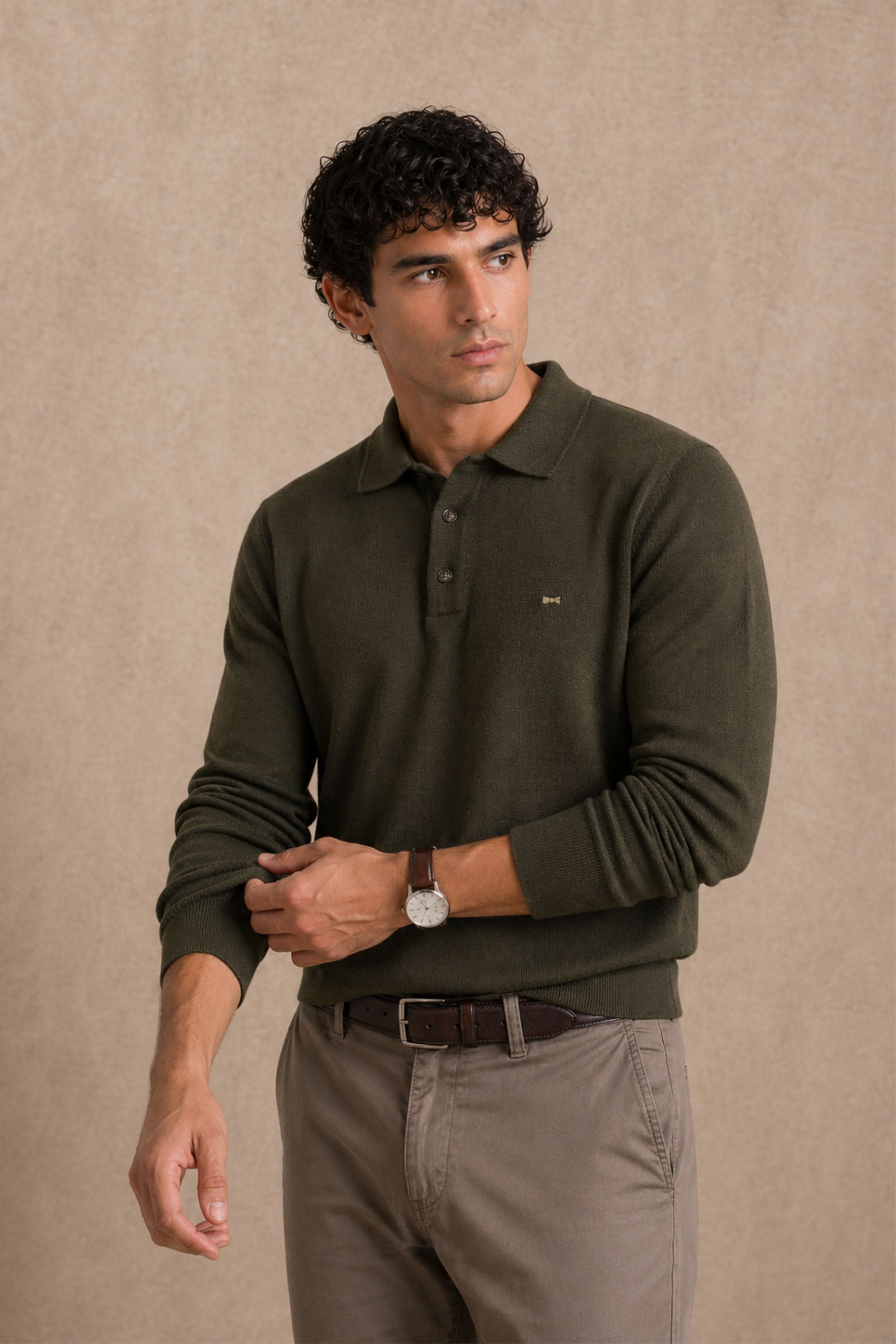 Polo Tejido Manga Larga Verde Militar