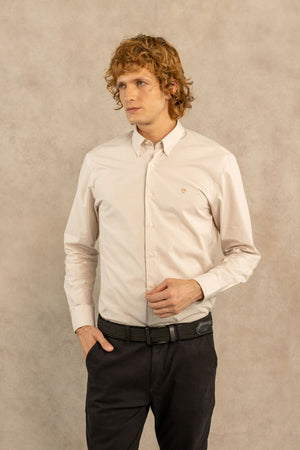 Camisa Antimanchas Popelina Cuadros Pequeños Beige