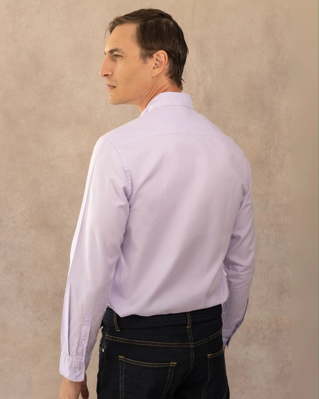 Camisa antimanchas Oxford lila marca DANTE para hombre regular fit foto espalda