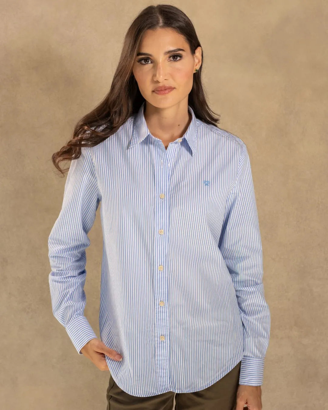 Camisa antimanchas Popelina Rayas yale de mujer marca DANTE tallaje regular fit foto modelo