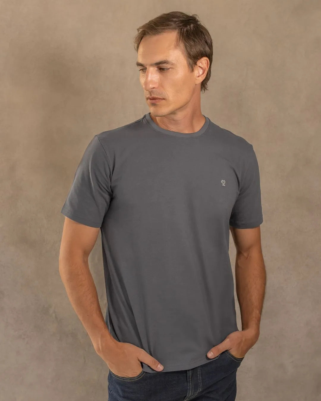 Camiseta antimanchas Gris Oscuro hombre marca DANTE tallaje regular fit foto modelo