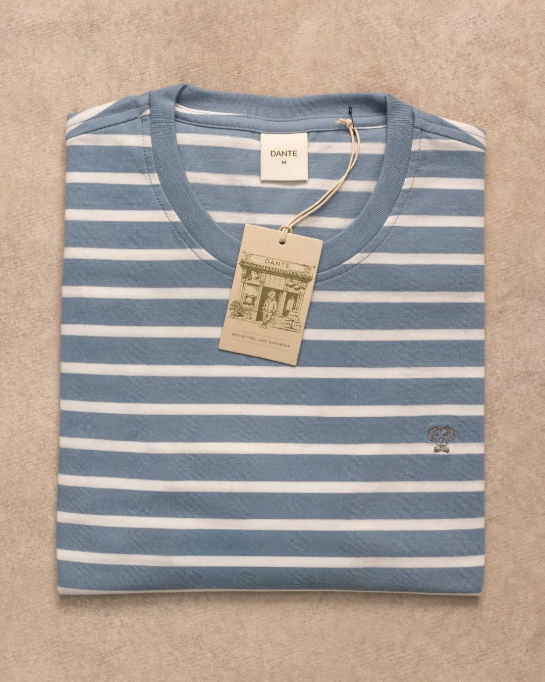 Camiseta antimanchas Rayas Azul Stone mujer marca DANTE tallaje relaxed fit foto prenda