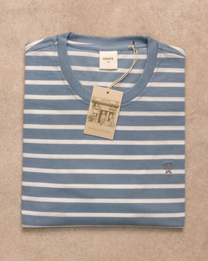Camiseta antimanchas Rayas Azul Stone mujer marca DANTE tallaje relaxed fit foto prenda
