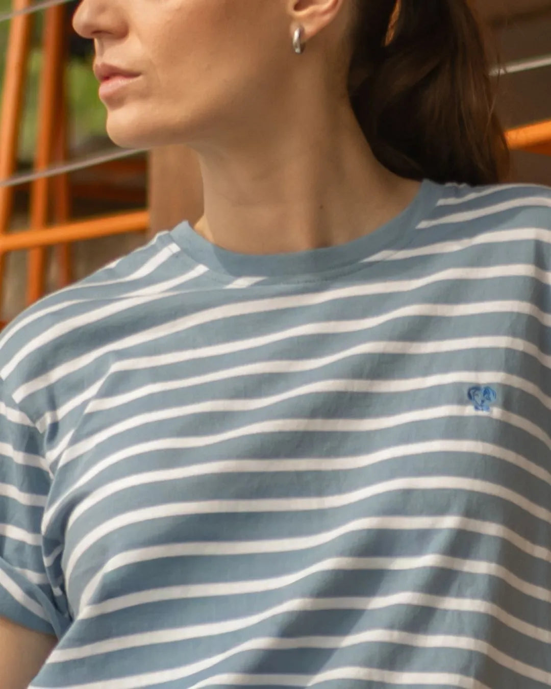 Camiseta antimanchas Rayas azul stone mujer marca DANTE tallaje oversize foto logo