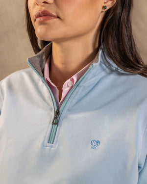 Halfzip Paris Antimanchas azul celeste para mujer marca DANTE tallaje regular fit foto logo