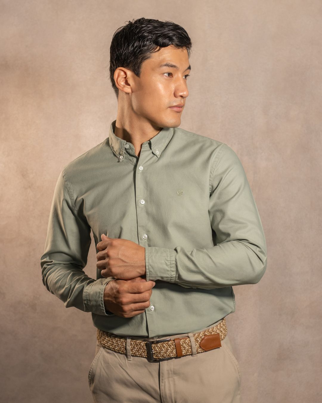 Camisa Antimanchas Oxford Verde Sage Logo Contraste - Talla Regular