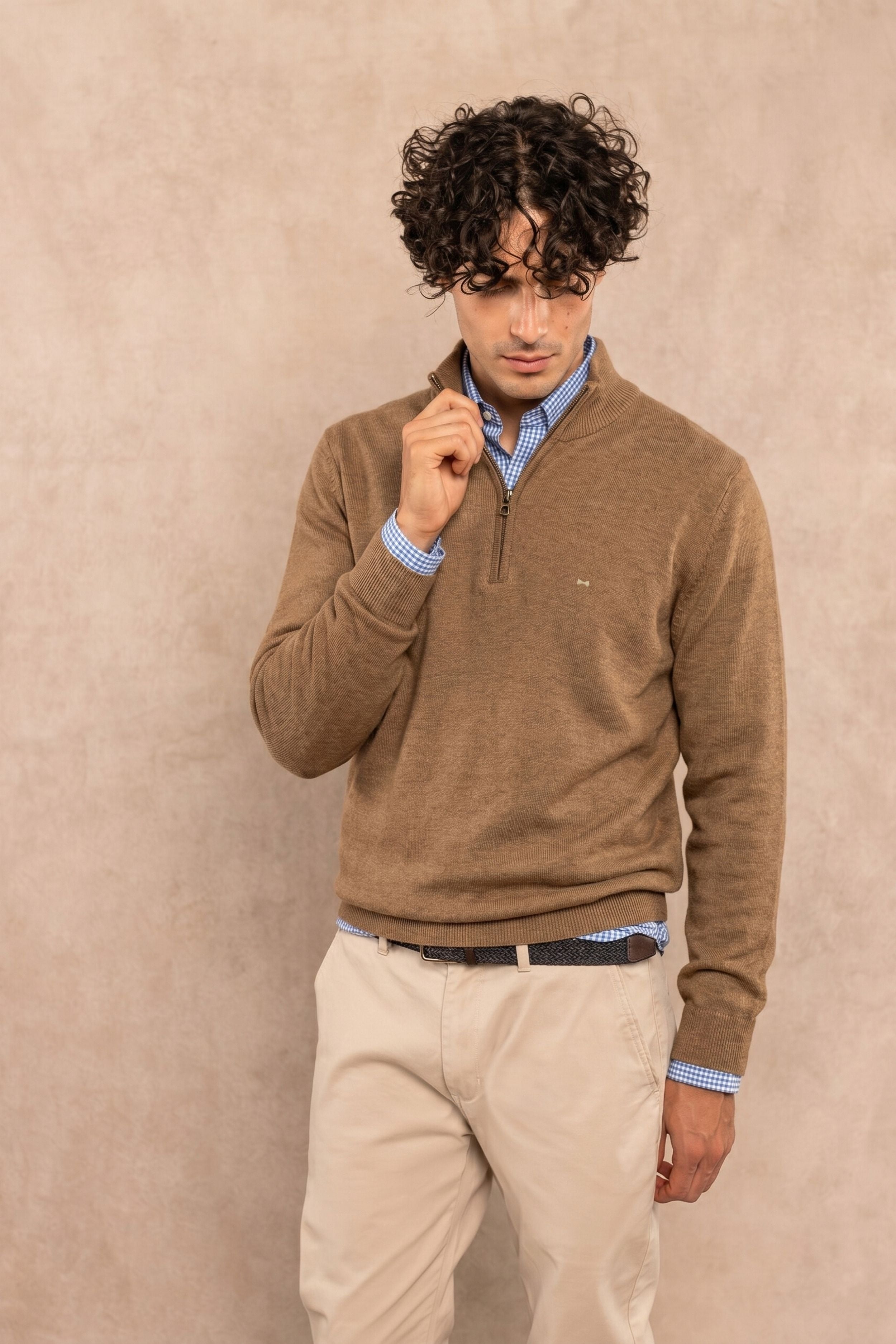 Halfzip Algodon Peinado Antiarrugas Camel