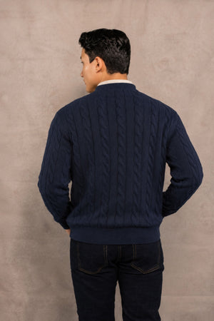 Suéter algodón peinado trenzado azul oscuro para hombre DANTE, vista de espalda
