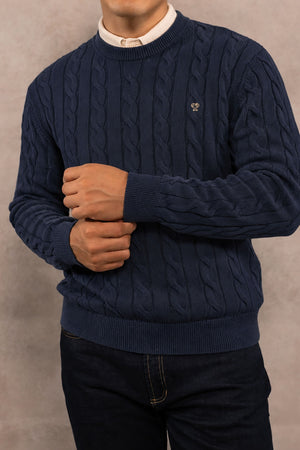 Suéter algodón peinado trenzado azul oscuro para hombre DANTE, detalle de la tela